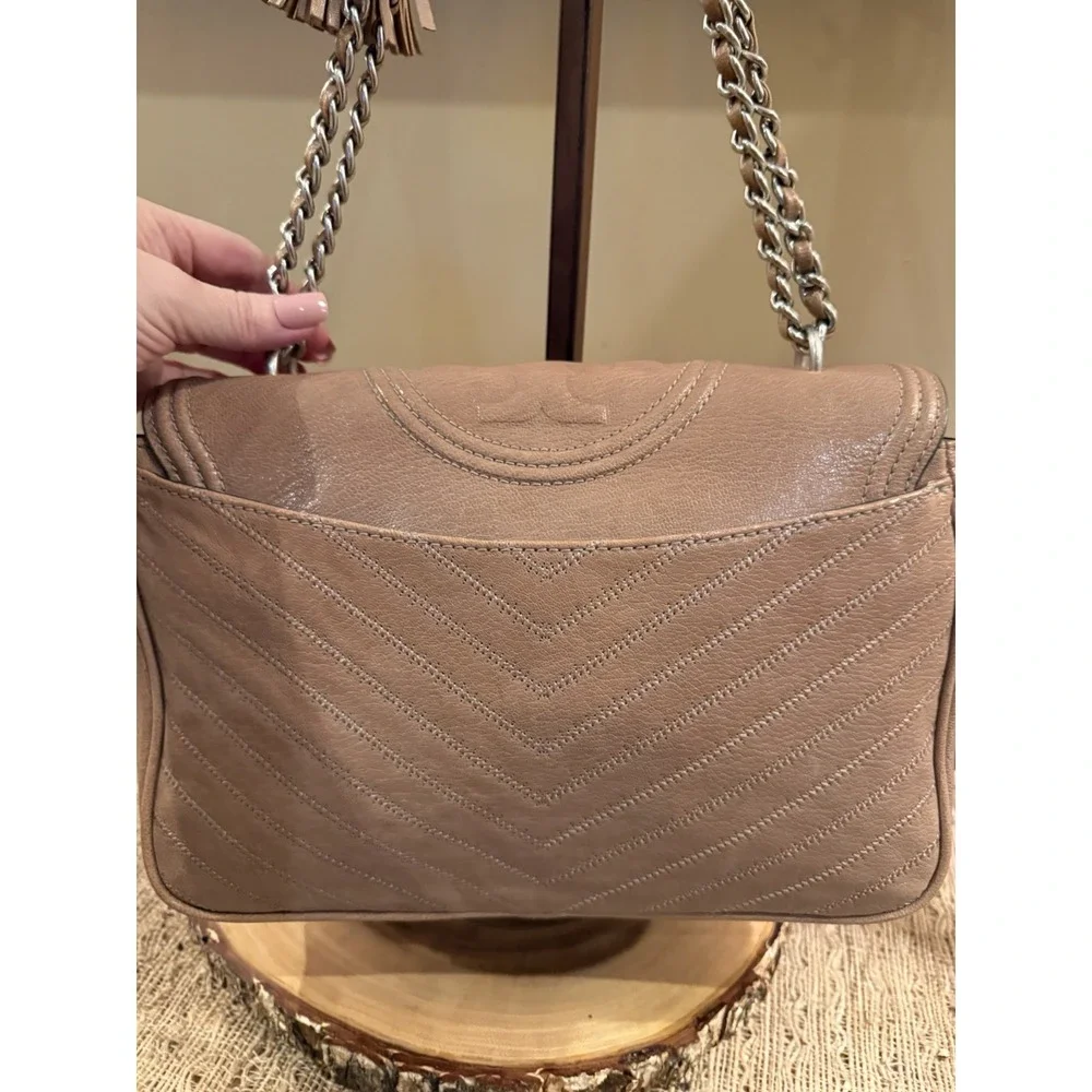 Tory Burch Fleming Distressed Flap, Tassel Shoulder Crossbody Bag Taupe 458$